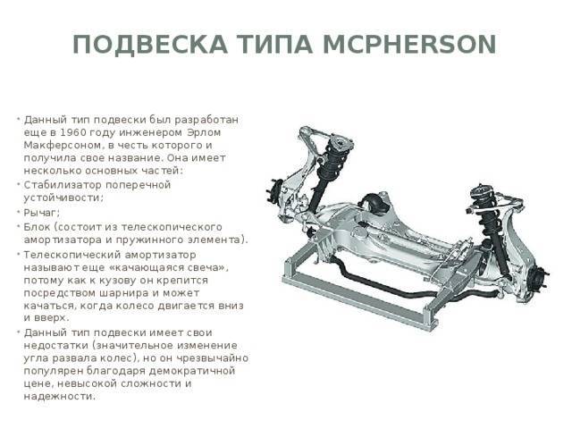 Подвеска mcpherson (макферсон): схема, устройство, принцип действия, плюсы и минусы