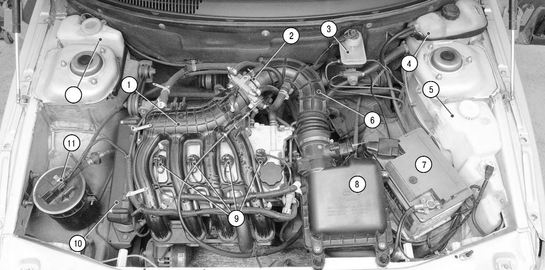 Лады приоры где находится. Подкапотное пространство ВАЗ 21124 16 клапанов. Моторный отсек ВАЗ 21124. Датчики ВАЗ 2110 124 двигатель. Подкапотное пространство ВАЗ 2112 16.
